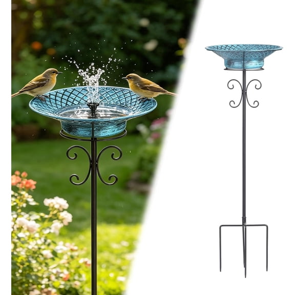 Free Standing Metal 2-in-1 Bath Feeder, Blue Solar Hummingbird Design With Removable Bowl & 5 Prong Base Stake, Outdoor Garden Patio Lawn Decor, 37" H