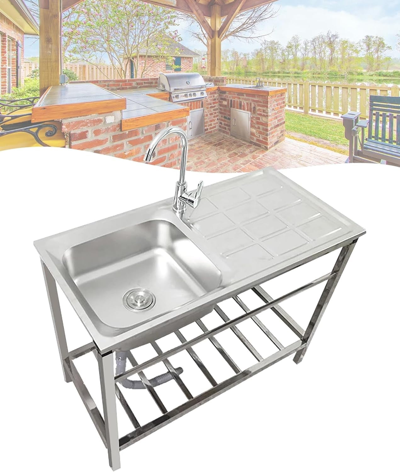 Free Standing Outdoor Sink, Stainless Steel Kitchen Utility Sink Station with Drainboard, Washing Hand Basin Tub Single Bowl Sink for Indoor Outdoor Patio Laundry Room Restaurant Workshop Garages