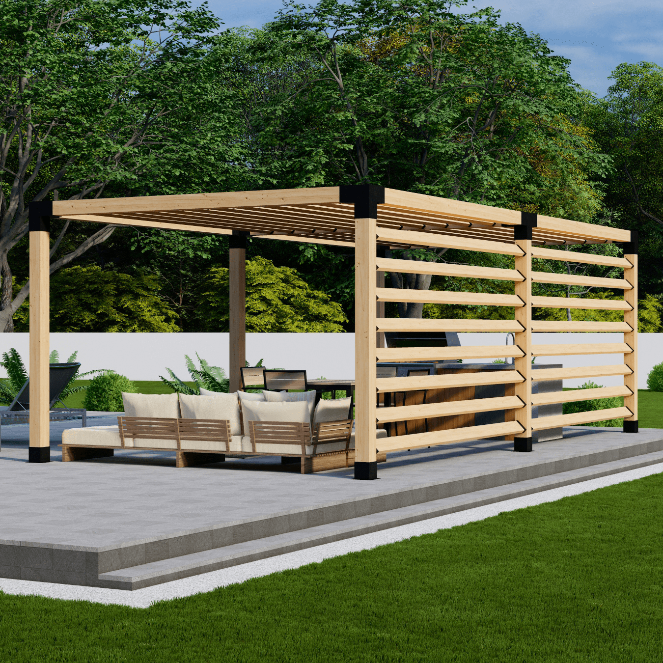 Free-Standing-Pergola-Kit-for-6x6-Wood-Posts-Any-Size-Up-to-24-x-12-With-Angled-Roof-Slats-2-Privacy-Walls-Far-Spacing_64cd08cf-bf23-4ba0-acfe-9c392879847c.60ede3cb25b963bb1d39e2625e6408b8.png?odnHeight\u003d768\u0026odnWidth\u003d768\u0026odnBg\u003dFFFFFF