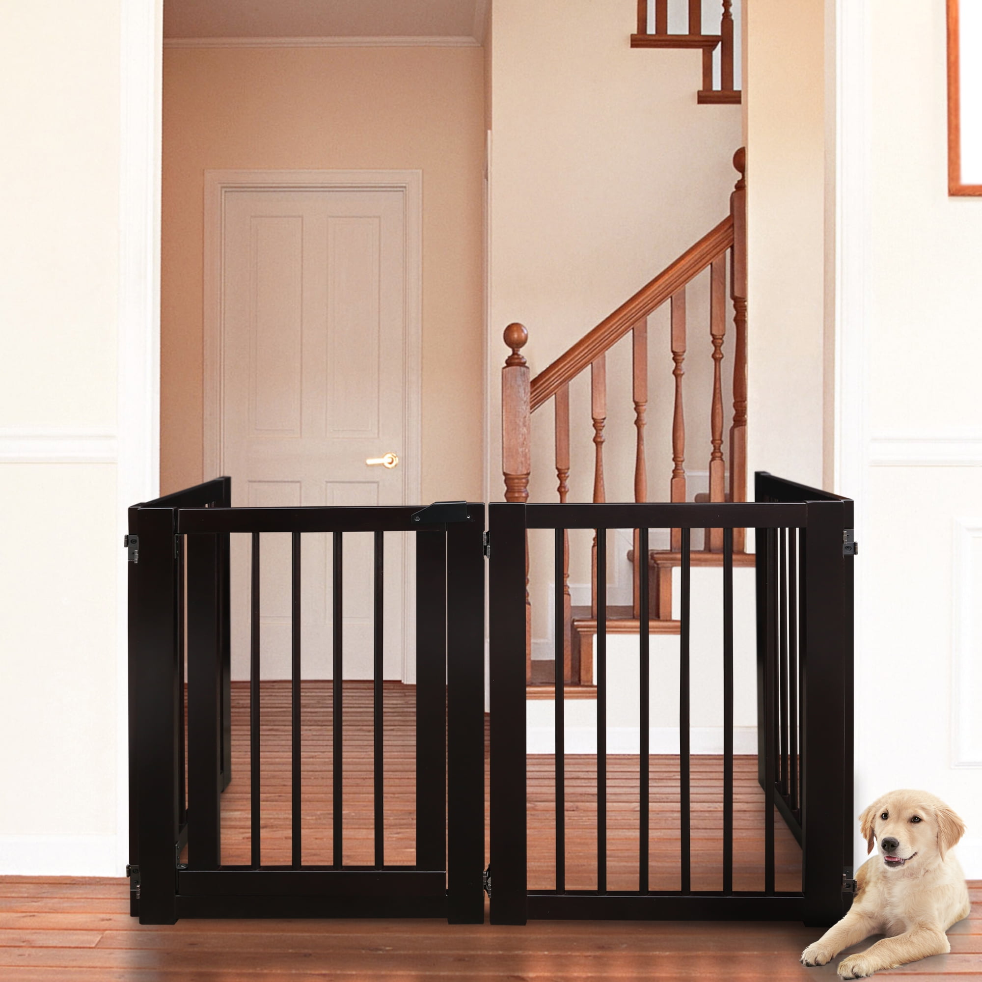 Espresso Solid Wood Freestanding Pet Gate with Door