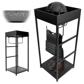 Black Three-Layer Police Gear Rack with 3 Hooks, Free-Standing Tactical Duty Gear Stand with Upper Storage Tray, Heavy-Duty Law Enforcement Equipment Rack for Police Station Security Room