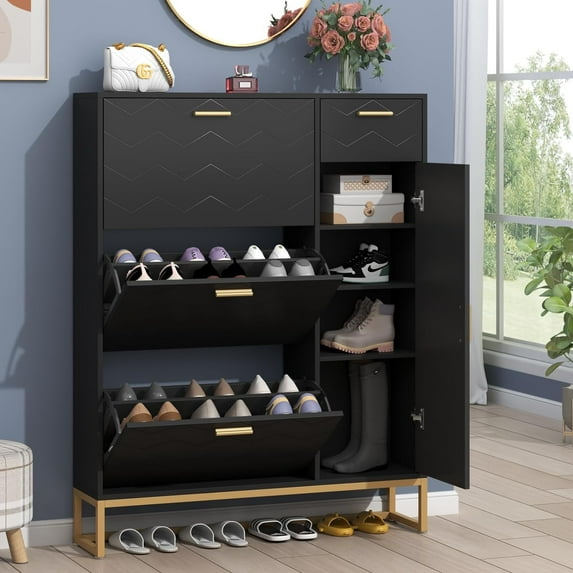 Free-Standing Shoe Cabinet with 3 Flip Drawers and Adjustable Side Cabinet, Narrow Entryway Shoe Organizer with Door, Black Plus