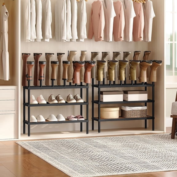 Free Standing Shoe Rack, 4 Tier Boots Rack Organizer, Tall Boots Rack for Closet, Boot Storage, Holds 14 Pairs, Black and Rustic Brown SS29BR