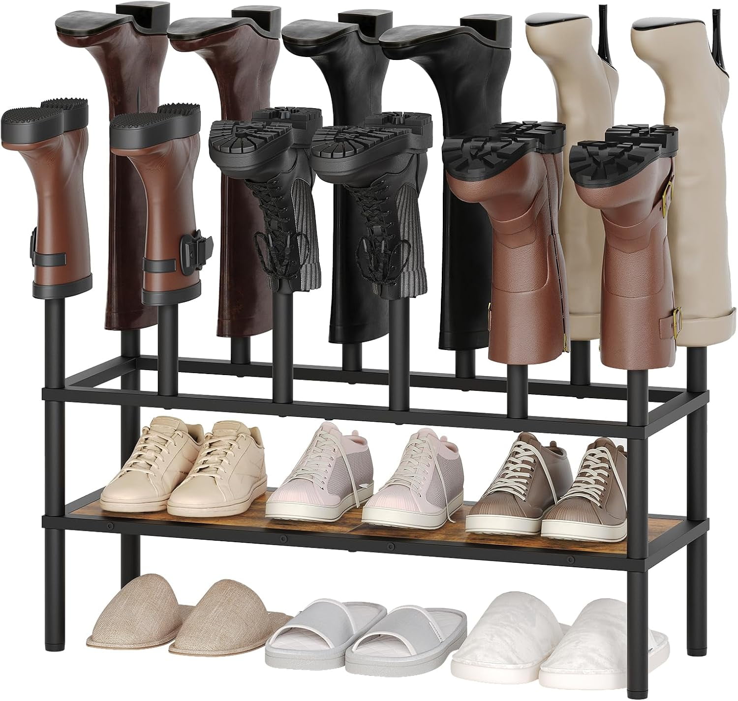 Free Standing Shoe Rack, Tall Boots Rack Organizer, Boot Organizer for Closet, Cowboy Shoes Storage, Holds 6 Pairs, Black and Rustic Brown SS09BRY1