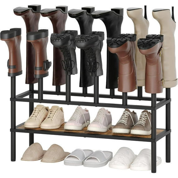 Free Standing Shoe Rack, Tall Boots Rack Organizer, Boot Organizer for Closet, Cowboy Shoes Storage, Holds 6 Pairs, Black and Rustic Brown SS09BRY1