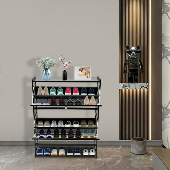 Free Standing Shoe Racks, 4-tier Natural Rattan Shoe Cabinet,Shoe Cabinet 2 Fold-out Doors With 4-tier Enclosed Storage Space