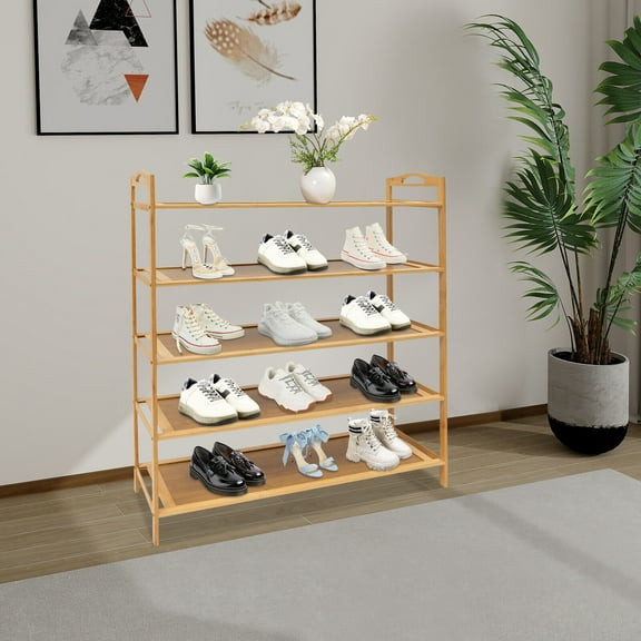 Free Standing Shoes Shelf Organizer, 5-tier Shoe Rack Bamboo Density Board Dark Brown Color Multi-tier Shoe Storage Rack
