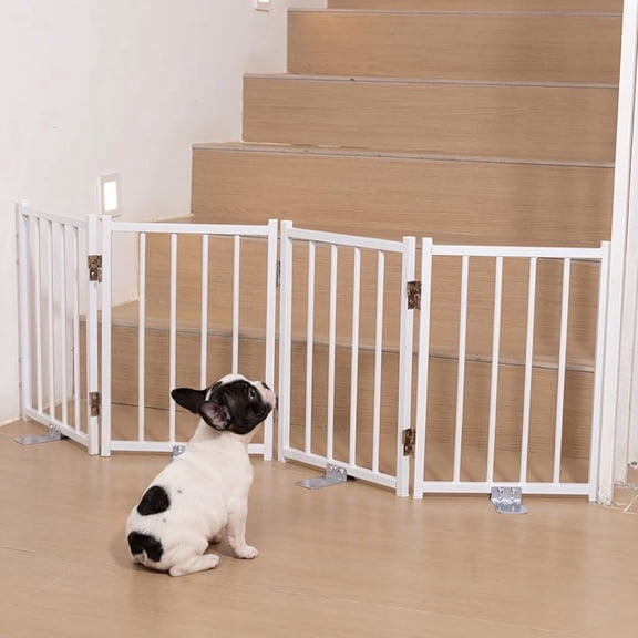 Free Standing Short Dog Gate, 16.5'' Tall Foldable Dog Fence for Indoor & Outdoor, Up to 48 Inch Extra Wide Puppy Gate for Stairs, Hallways, Doorways, Deck, Yard (White, 4 Panels)