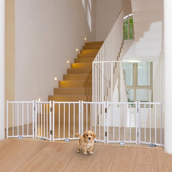 Free Standing Short Dog Gate, 16.5'' Tall Foldable Dog Fence for Indoor & Outdoor, Up to 72 Inch Extra Wide Puppy Gate for Stairs, Hallways, Doorways, Deck, Yard (White, 6 Panels)