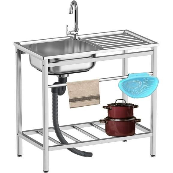 Free Standing Single Bowl Kitchen Sink, Stainless Steel Utility Sink with Cold and Hot Water Pipe for Kitchen, Garage, Backyard