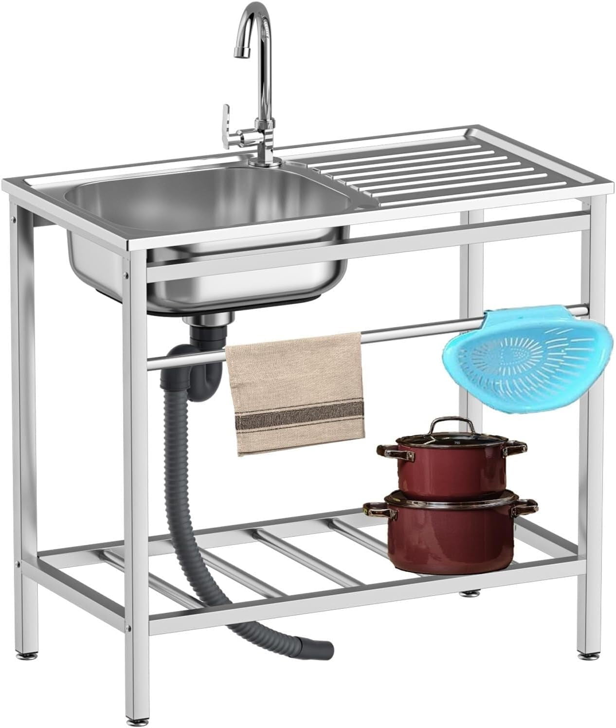 Free Standing Single Bowl Kitchen Sink, Stainless Steel Utility Sink with Cold and Hot Water Pipe for Kitchen, Garage, Backyard