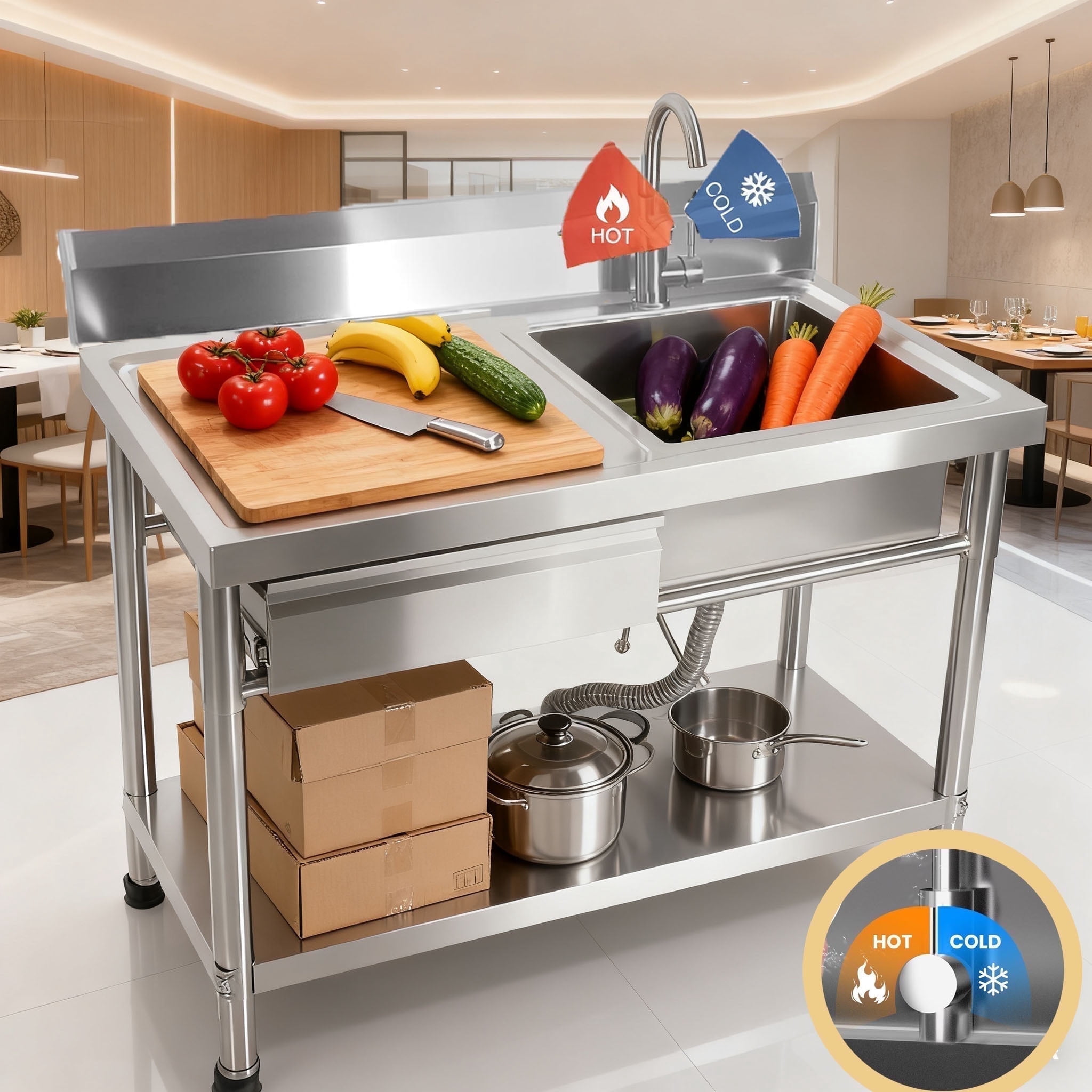 Free Standing Single Bowl Sink, Commercial Kitchen Sink with Drawer and Cold and Hot Faucet(360°), 40 Inch Stainless Steel Utility Sink with Workbench for Indoor & Outdoor Spaces