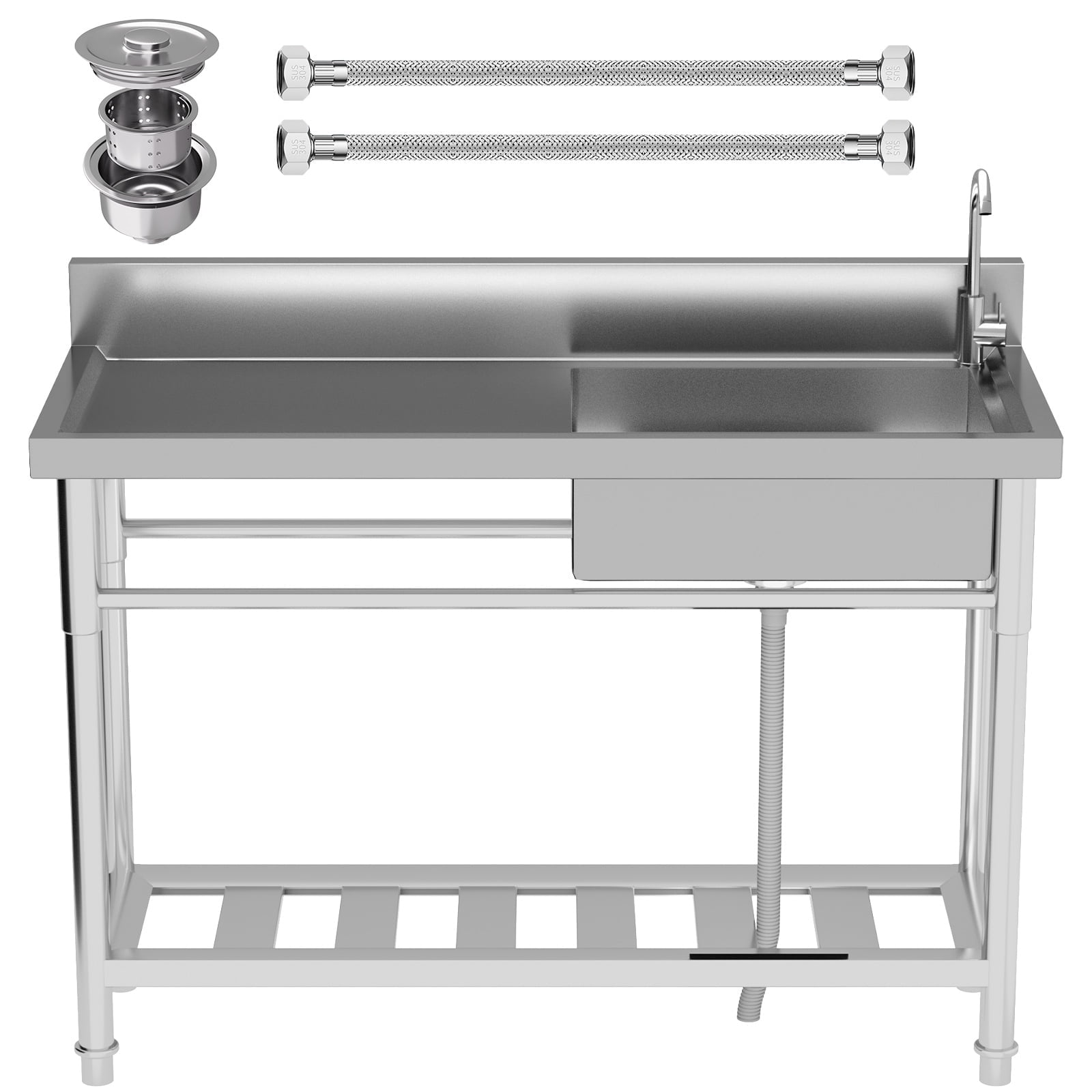 Free Standing Sink, 47.3×18.5×33.6 Inch Kitchen Sink, Freestanding Single Bowl Laundry Sink, Commercial Utility Sink with Cold & Hot Water Faucet for Canteen, Villa
