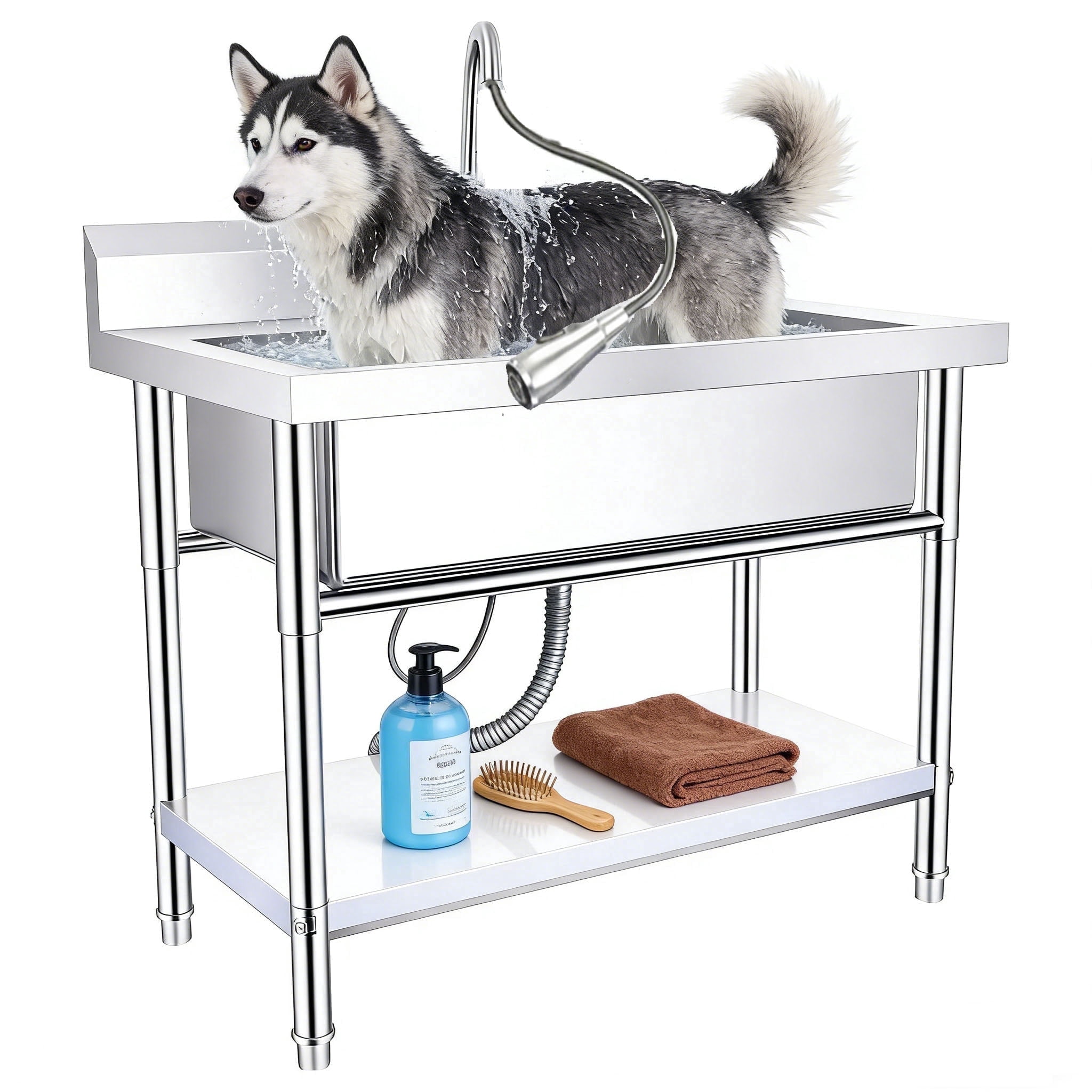 Free Standing Sink, Commercial Sink, Freestanding Utility Sink with Hot & Cold Water Pipes and pull-out Faucet, Stainless Steel Indoor and Outdoor Sink for Backyard Cleaning Station