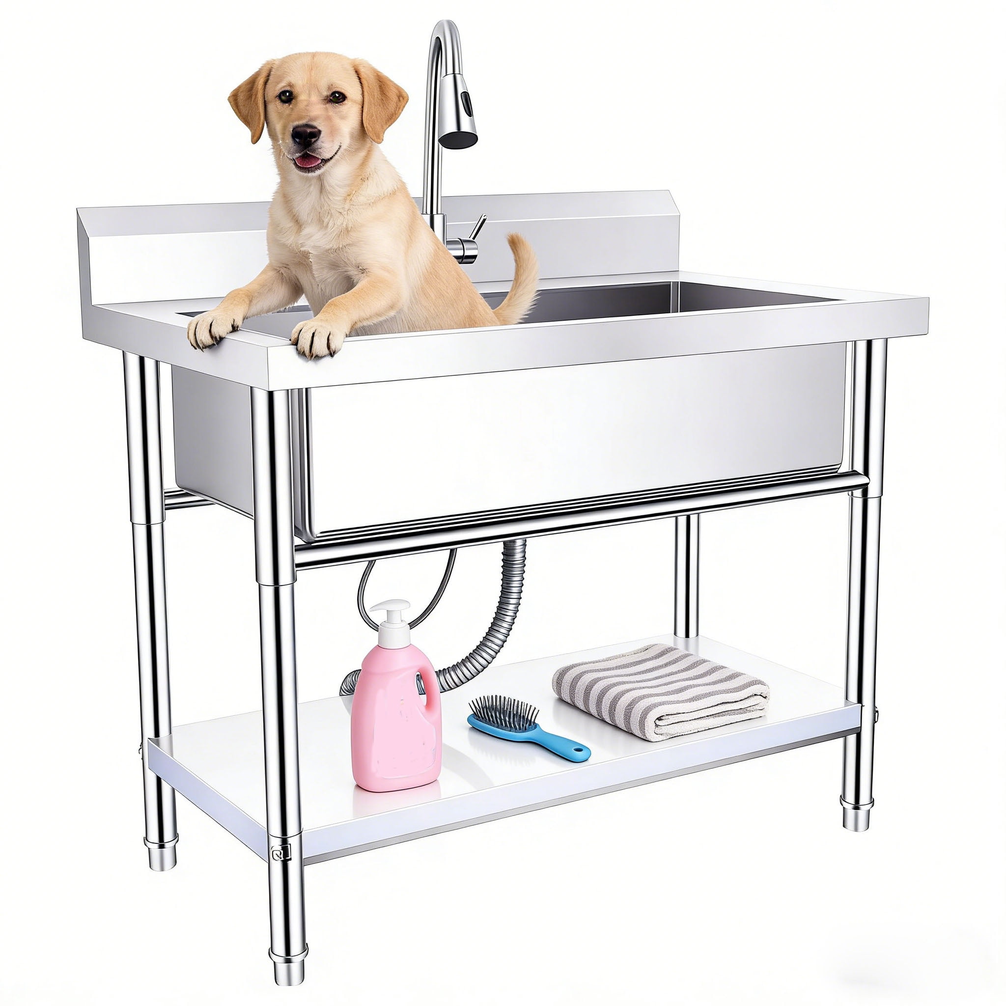 Free Standing Sink, Commercial Sink, Stainless Steel Utility Sink, 40x23x30 Inch Freestanding Laundry Tub with Hot & Cold Water Pipes and pull-out Faucet for Campsite Cleaning