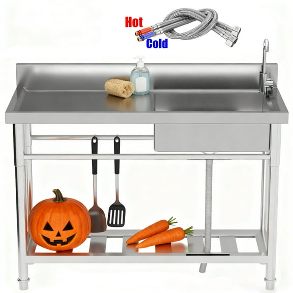 Free Standing Sink, Commercial Sink, Utility Sink Free Standing Single Bowl, Durable, with 360° Faucet & Workbench (250lbs Load), Grid Drain, for Bathroom