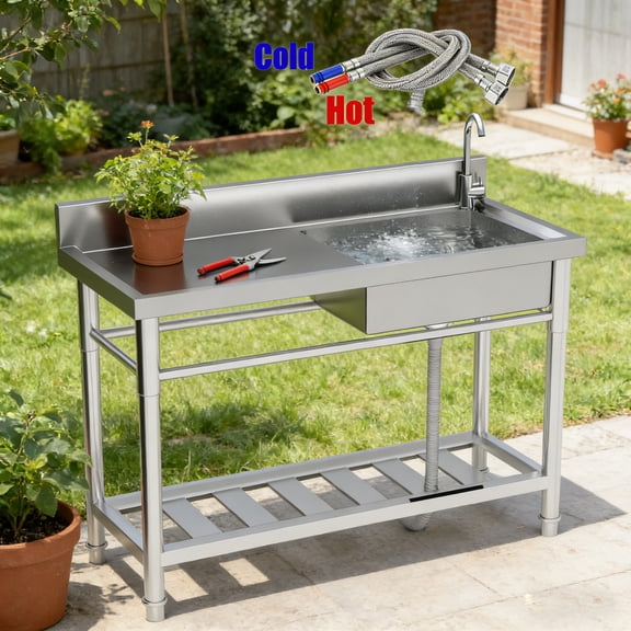 Free Standing Sink, Hotel Sinks, Utility Sink, Durable, with Pull-out Faucet & Workbench (250lbs Load), Assembly Required, for Farmhouse