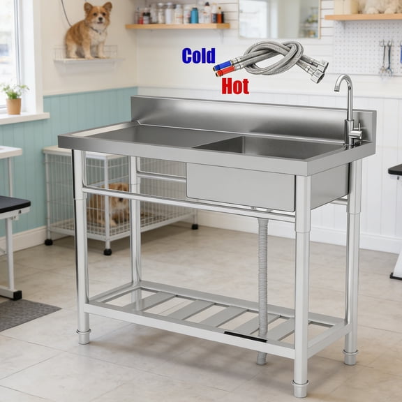 Free Standing Sink, Industrial Sinks, Utility Sink, Stainless Steel Durable, with Storage Shelves & Grid Drain, Assembly Required, for Garage