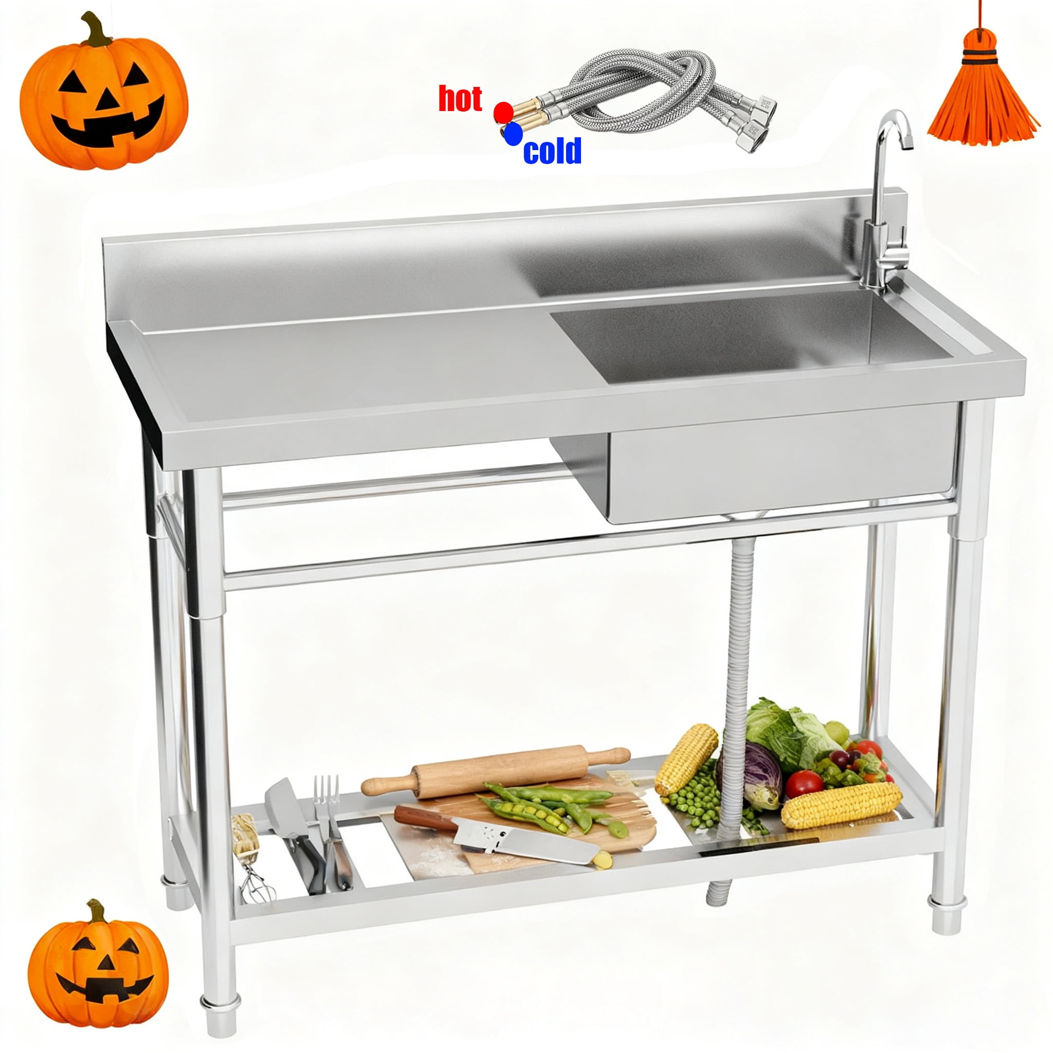 Free Standing Sink, Utility Sink, Hotel Sinks, 304 Stainless Steel, Rectangular Shape, with Cold/Hot Water Pipe & Workbench (250lbs Load), for Farmhouse
