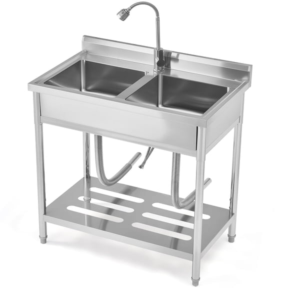 Free Standing Stainless-Steel Double Bowl Commercial Restaurant Kitchen Sink Set w/Faucet, Prep & Utility Washing Hand Basin w/Storage Shelve, laundry tub for Indoor Outdoor