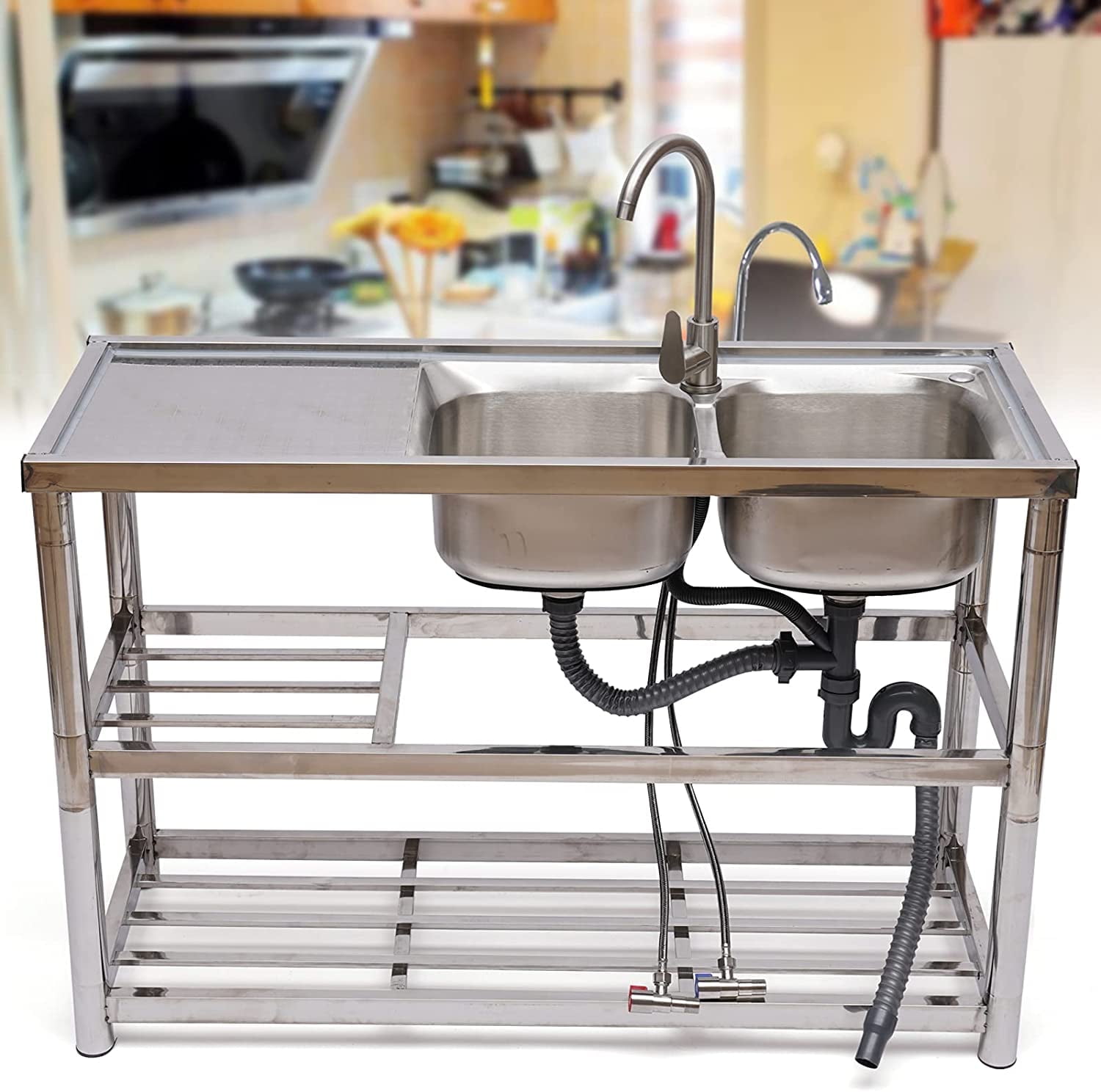 Free Standing Stainless-Steel Double Bowl Kitchen Utility Sink Set w/ Prep Table