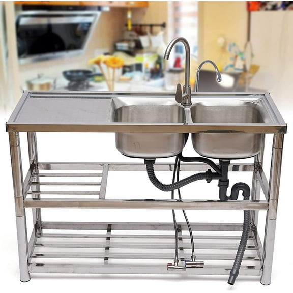 Free Standing Stainless-Steel Double Bowl Kitchen Utility Sink Set w/ Prep Table