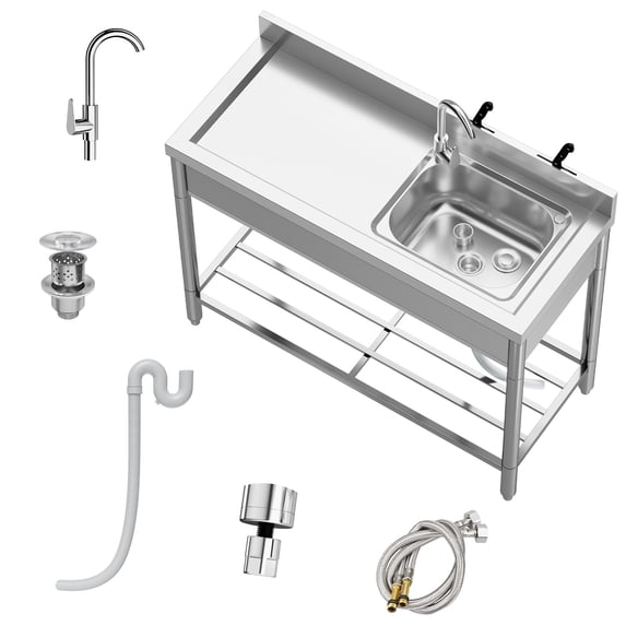 Free Standing Stainless-Steel Single Bowl Commercial Restaurant Kitchen Sink Set w/Faucet & Drainboard, Prep & Utility Washing Hand Basin w/Workbench & Storage Shelves Indoor Outdoor