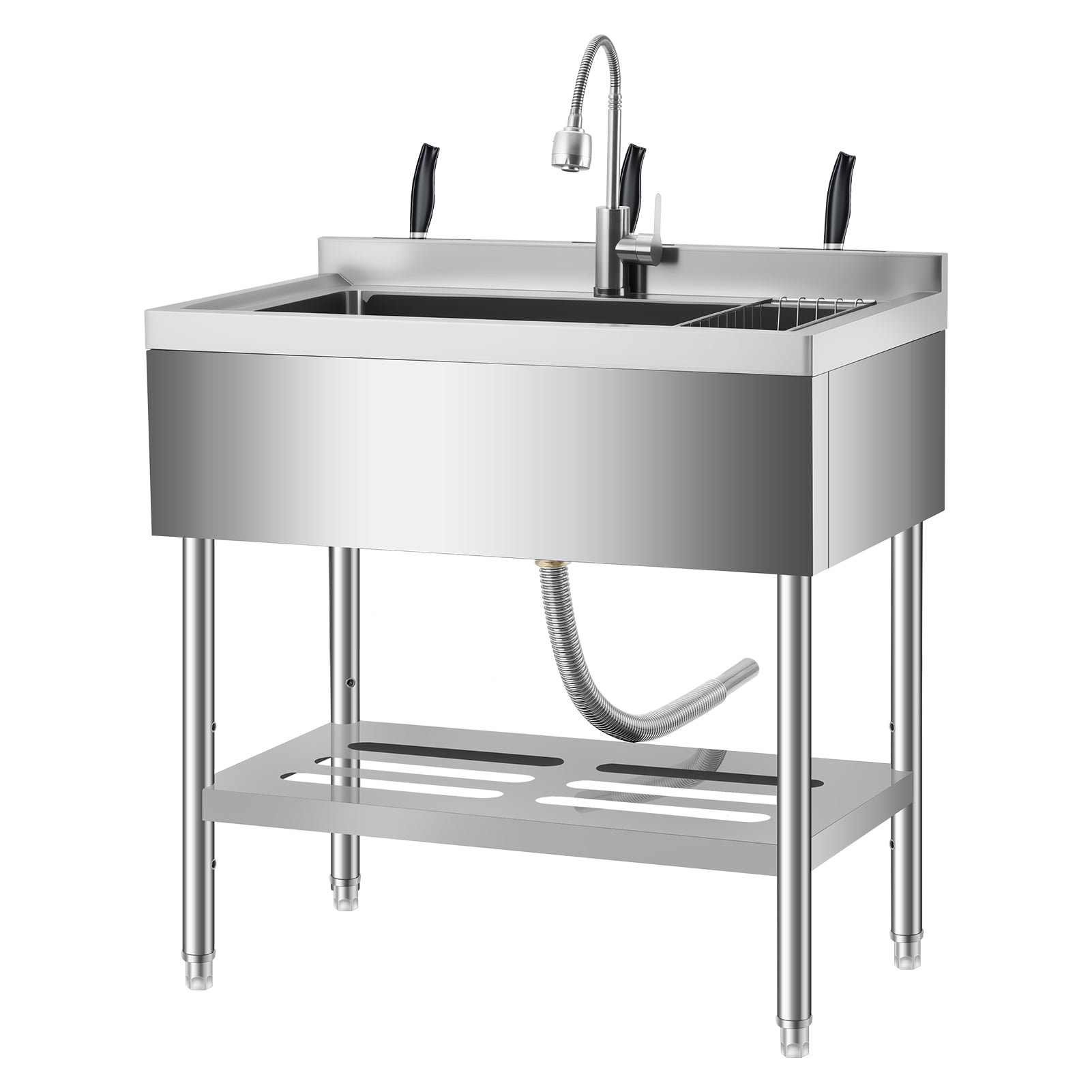 Movable Stainless Steel Utility Sink – Single Bowl, 50x40x80 Cm, With Faucet, For Garage, Restaurant, Laundry, Outdoor Use
