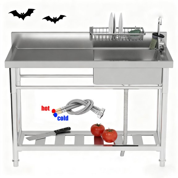 Free Standing Stainless Steel Sinks, Industrial Sinks, Utility Sink, Polished Finish, with 360 Rotating Faucet & Storage Shelves, Assembly Required, for Outdoor