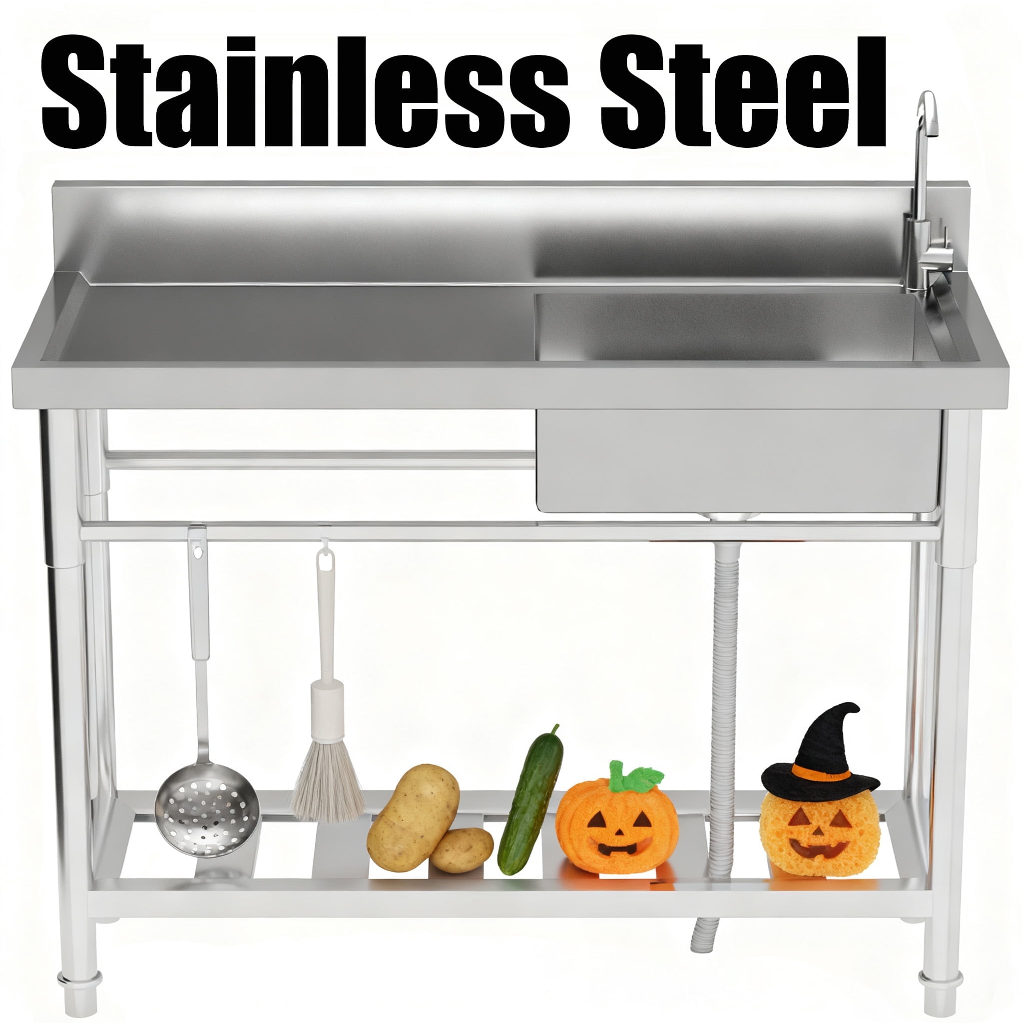 Free Standing Stainless Steel Sinks, Kitchen Sinks, Commercial Sink, Gray Color with 360° Rotate Faucet & Polished Finish for Restaurants