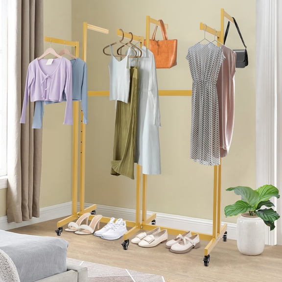 Free Standing Strong Structure Gold Adjustable Shirt Garment Rack with Wheels for Laundry Rooms, Corridors