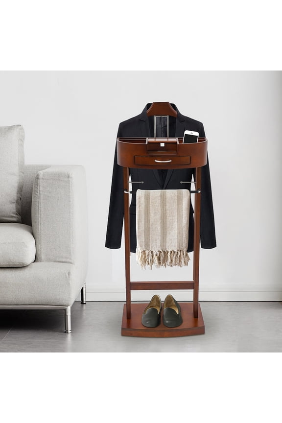 Suit Rack with Drawer & Tray Freestanding Valet Stand, Birch Wood & Iron, 22 lbs Capacity