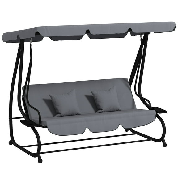 Free Standing Swing Bench, Porch Swing with Stand, Adjustable Canopy, Cushion and Pillows, Dark Gray