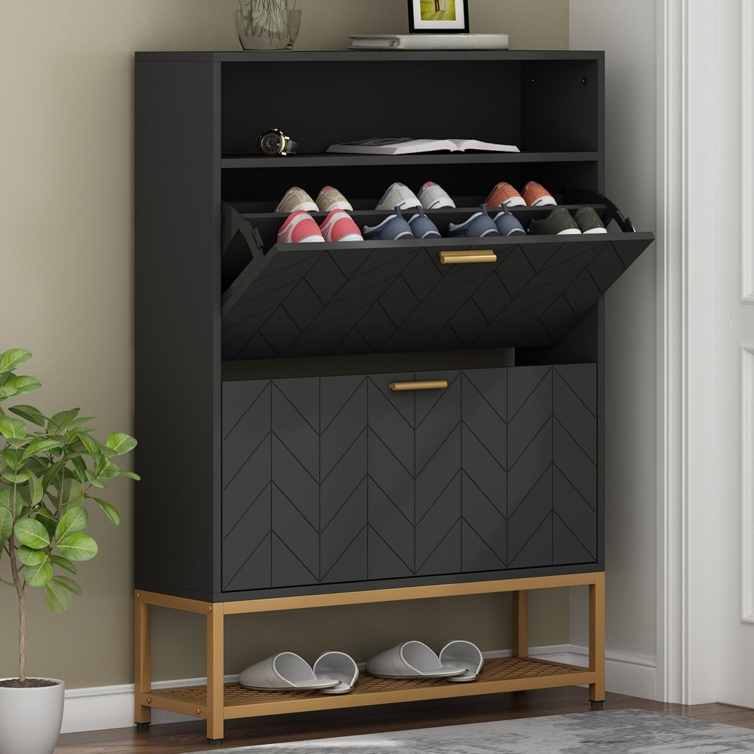 Tipping Bucket Rack Free Standing Tipping Bucket Shoe Rack Organizer with 2 Flip Drawers ...