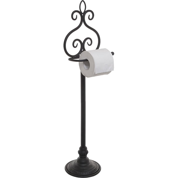 Free Standing Toilet Paper Holder Black Metal Scrollwork Design Bathroom Tissue Paper Stand - Single Roll Storage Rack