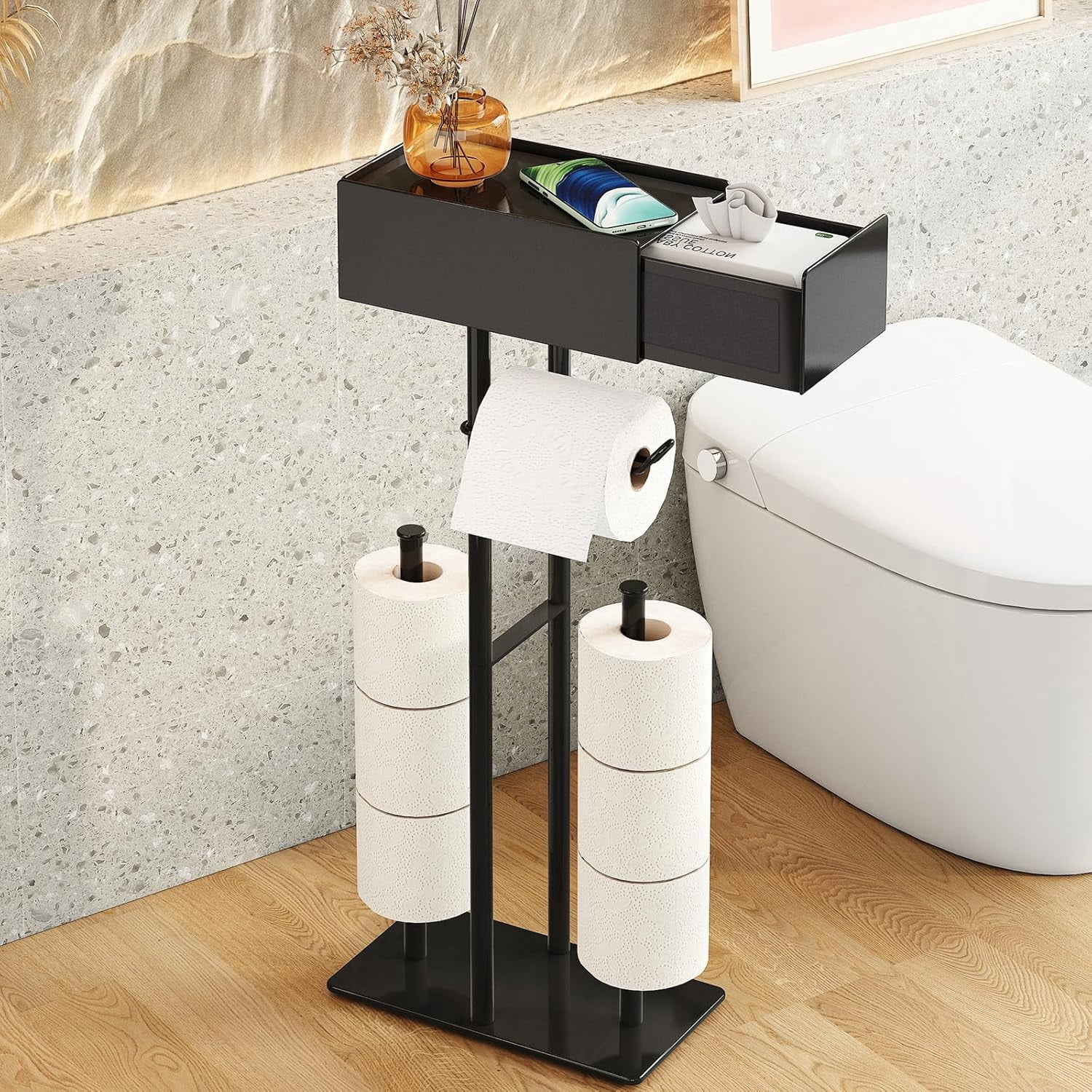 Free Standing Toilet Paper Holder with Shelf,Stand Mega Roll Toilet Paper Holder with Storage ...
