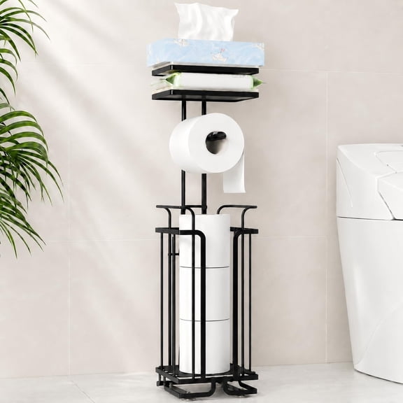Free Standing Toilet Paper Holder with Shelf,Bathroom Storage for 4 Rolls,Rustproof Metal Stand Shelf Phone Tissues Wipes,Black