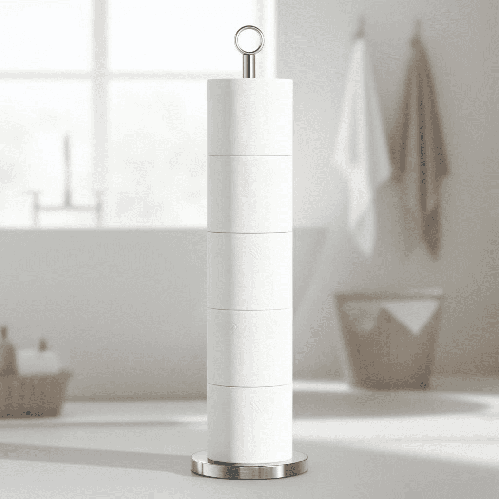 Free-Standing Toilet Paper Holder with Spare Roll Storage, Durable Stainless Steel Bathroom Organizer for Convenient Reserve Function