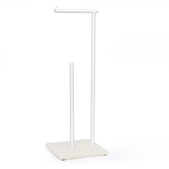 Free Standing Toilet Paper Holder with Wood Base, White