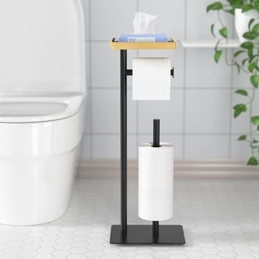 NIFFGAFF Toilet Paper Holder Stand with Bamboo Top Storage Shelf, Black Toilet Paper Roll Holder Stand, Floor Standing Toilet Roll Dispenser Storages 4 Reserve Rolls