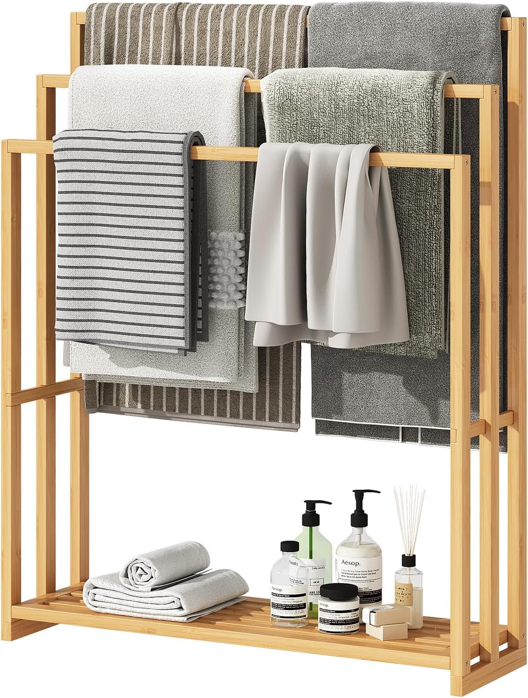 Custom Towel Racks Tall Freestanding Towel Rack,Blanket Racks with Shelf, Bamboo Towel ...