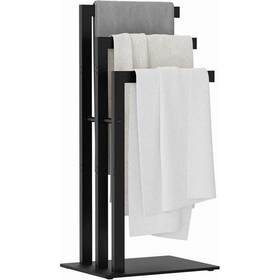 Free Standing Towel Rack, 3 Tier Blanket Holder, Metal Hand Towel Holder for Bathrooms, Drying and Display Rack with Shelf,15.7×11.8×31.49 inch,Black