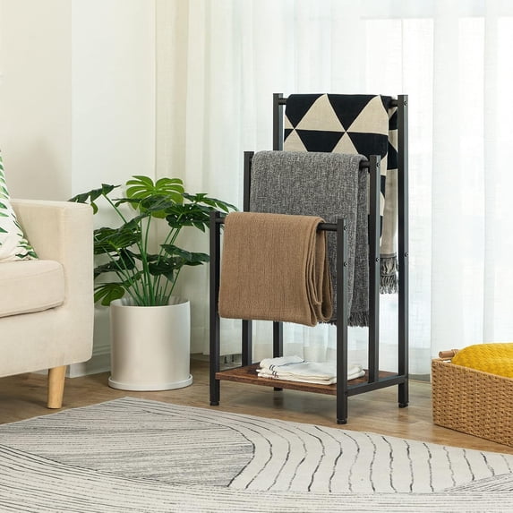 Free Standing Towel Rack, 3 Tier Blanket Rack, Blanket Holder for Bathroom, Industrial Metal Drying and Display Rack with Shelf, Rustic Brown and Black