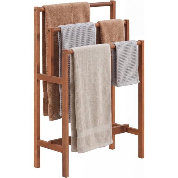 Free Standing Towel Rack, 3-Tier Solid Wood Bath Towel Drying Rack for Bathroom, Blanket Holder Stand for Living Room, Laundry, Outdoor Pool Side, Walnut, 24L x 11W x 33.5H
