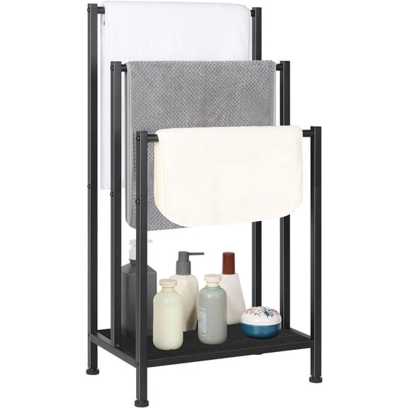 Free Standing Towel Rack, 3 Tier Towel Rack Stand, Metal Towel Racks Stand with Modern Wooden Storage Shelf, Freestanding Towel Holder Floor, Multipurpose Hand Towel Drying Holder Stand for Bathroom