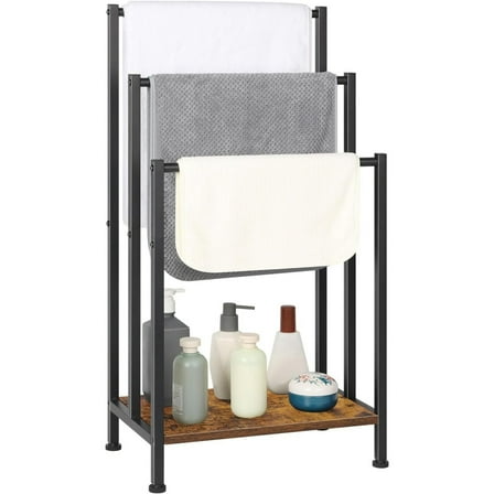 Free Standing Towel Rack, 3 Tier Towel Rack Stand, Metal Towel Racks Stand with Modern Wooden Storage Shelf, Freestanding Towel Holder Floor, Multipurpose Hand Towel Drying Holder Stand for Bathroom