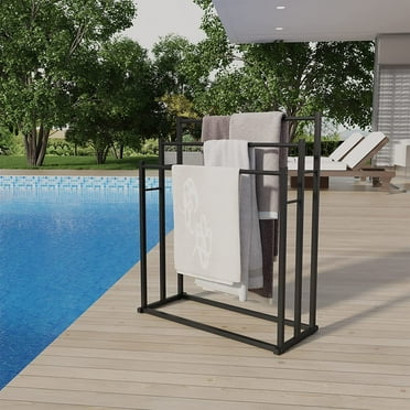 Free Standing Towel Rack, 3 Tiers Metal Towel Rack Standing, Freestanding Towel Holder for Bath Storage & Hand Towels, Blanket Holder, Next to Tub or Shower, Pool Towel Racks Outdoor, Black