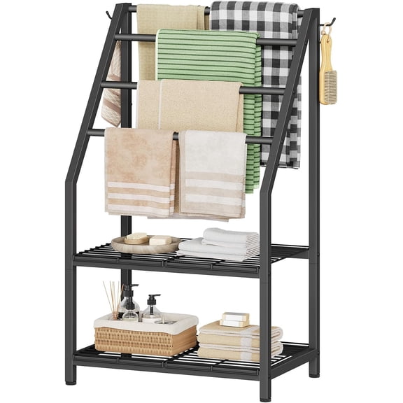 Free Standing Towel Rack with 4 Bars and 2 Mesh Shelves, 40" H Towel Holder Stand for Bathroom, Pool Towel Rack Outdoor, Industrial Style and Blanket Display Rack with Shelf, Black