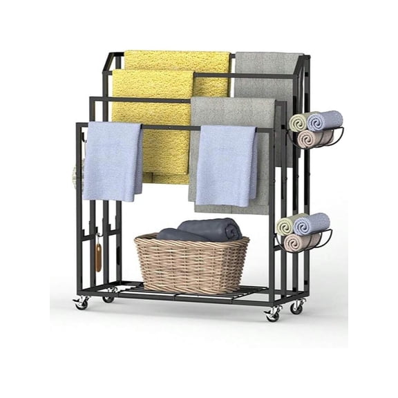 Free Standing Towel Rack For Bathroom, 4 Tier Floor Towel Holder Stand With Storage Shelves, Metal Blanket Rack Holder,Towel Drying And Display Rack Outdoor, Black