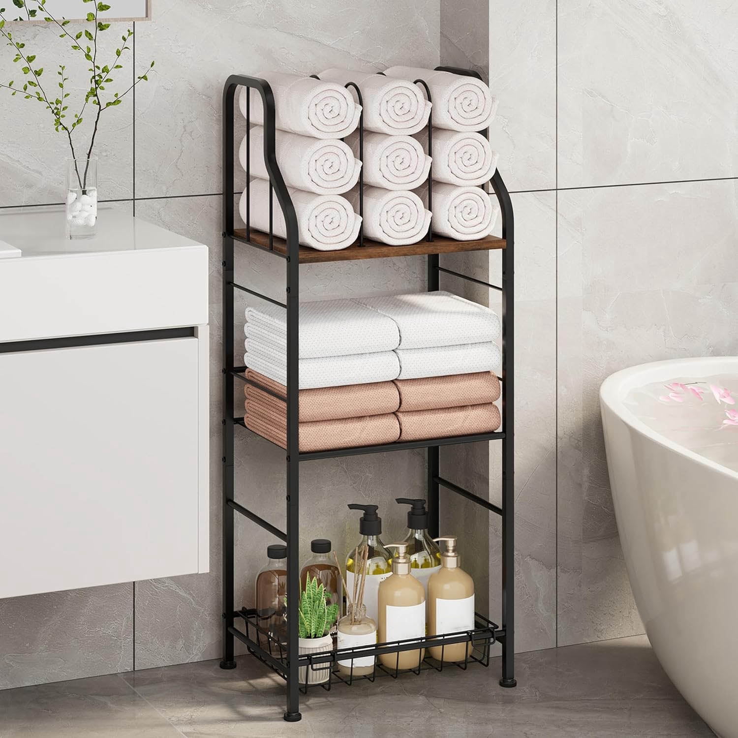 Free Standing Towel Rack with M-Shaped Dividers, Durable Metal Towel